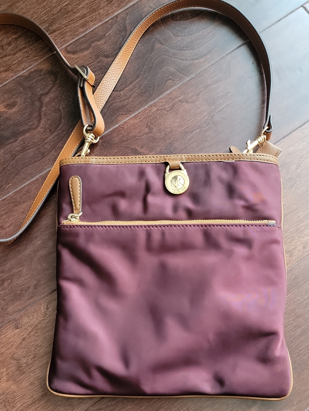 Michael Kors Burgundy Crossbody with Tan Trim and Gold Hardware